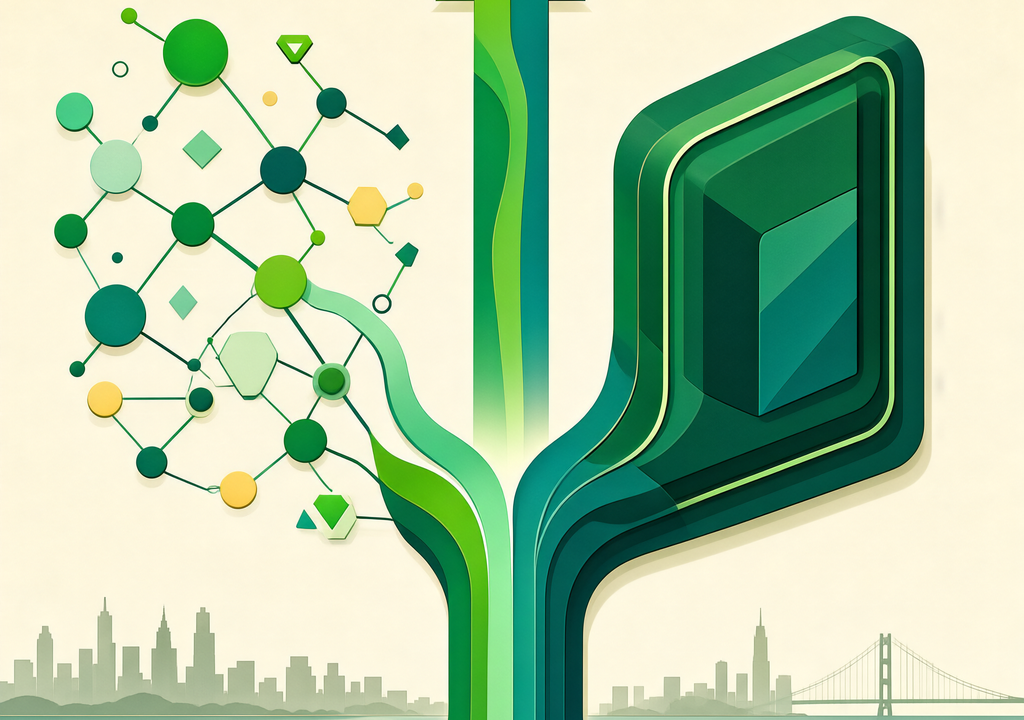Editorial illustration: an open lattice of nodes and a closed block merging into one path, representing the open-versus-closed AI debate.