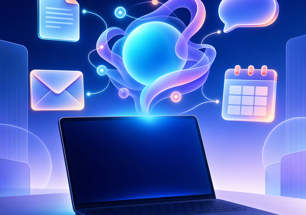Editorial illustration: a stylized MacBook with glowing AI assistant shapes floating above the screen, representing Meta's Muse AI agent interacting with files, messages, calendar and mail on Mac.