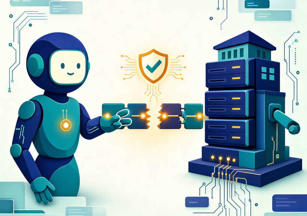 Conceptual editorial illustration of an AI assistant and an enterprise server linked by a glowing bridge, representing the Claude-to-OpenAI vulnerability chain.