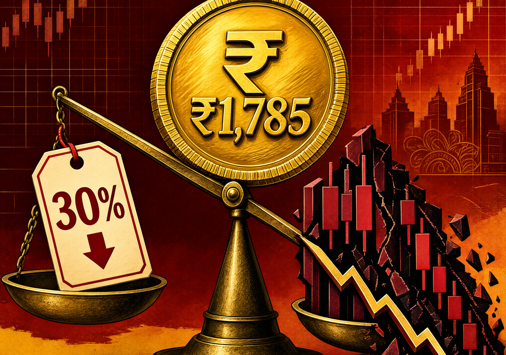 Editorial illustration of NSE IPO valuation paradox showing a golden ₹1,785 coin on a tilted scale with a discount tag and declining derivatives chart