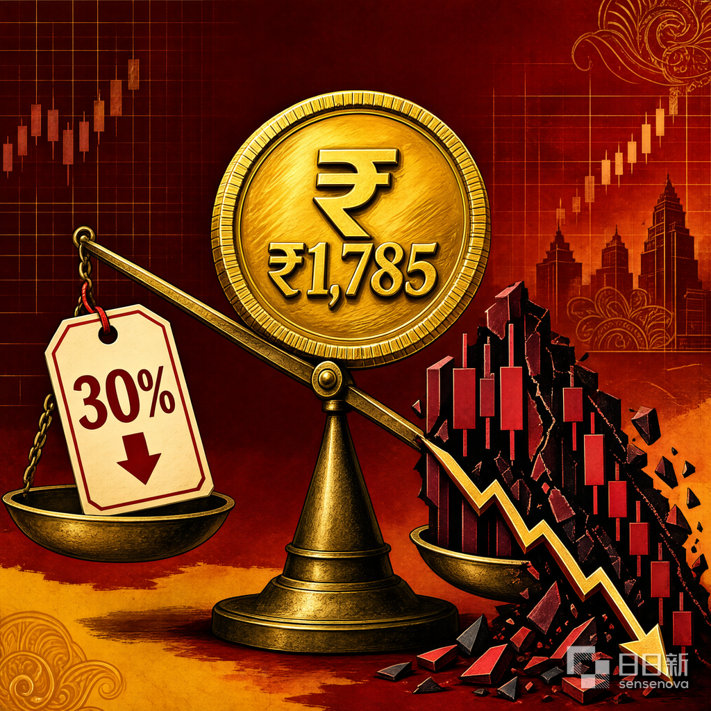 Editorial illustration of NSE IPO valuation paradox showing a golden ₹1,785 coin on a tilted scale with a discount tag and declining derivatives chart