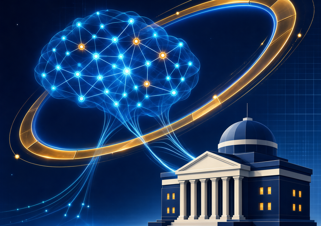 Editorial illustration of a proposed AI policy announcement with an abstract neural network and civic government imagery.