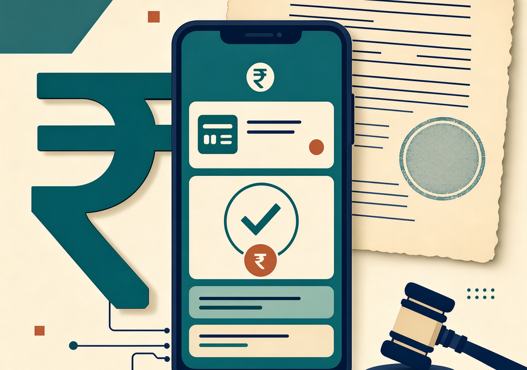 Editorial illustration of UPI digital payment on smartphone with policy document overlay