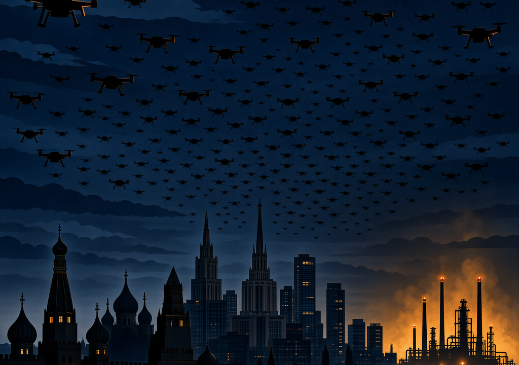 Editorial illustration of Moscow skyline at night with drone silhouettes flying toward the city and oil refinery glow on the horizon