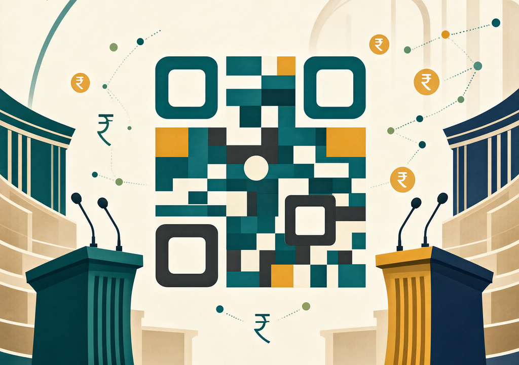 Editorial illustration of UPI QR code surrounded by abstract parliamentary podium silhouettes with currency symbols