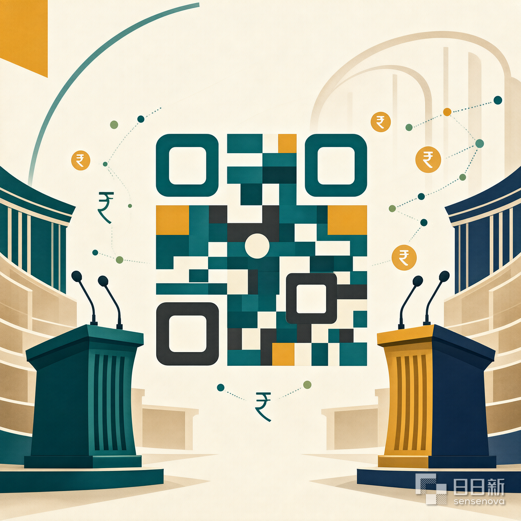 Editorial illustration of UPI QR code surrounded by abstract parliamentary podium silhouettes with currency symbols
