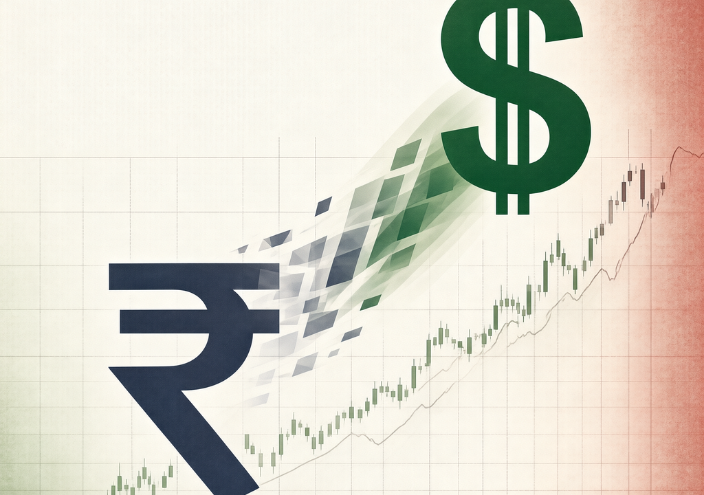 Editorial illustration of Indian rupee symbol fading into US dollar sign with forex chart background
