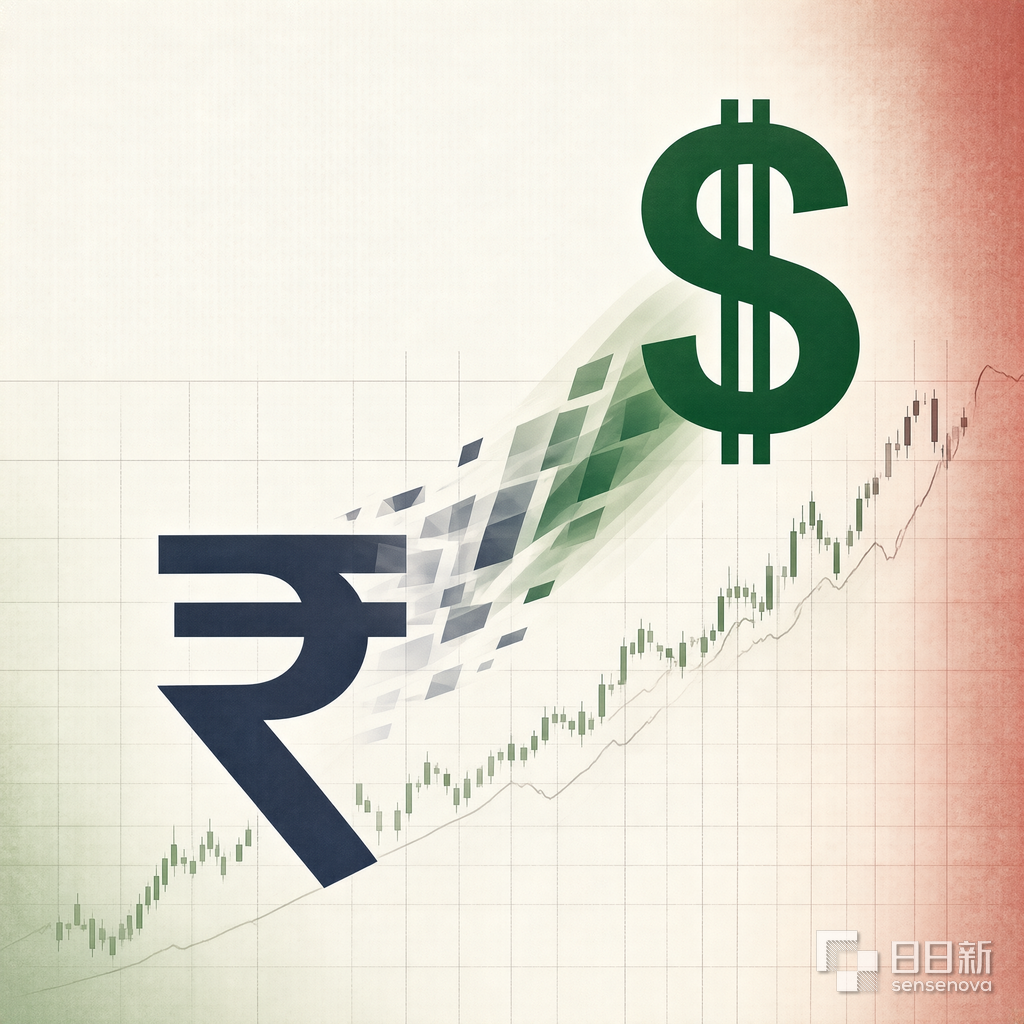 Editorial illustration of Indian rupee symbol fading into US dollar sign with forex chart background