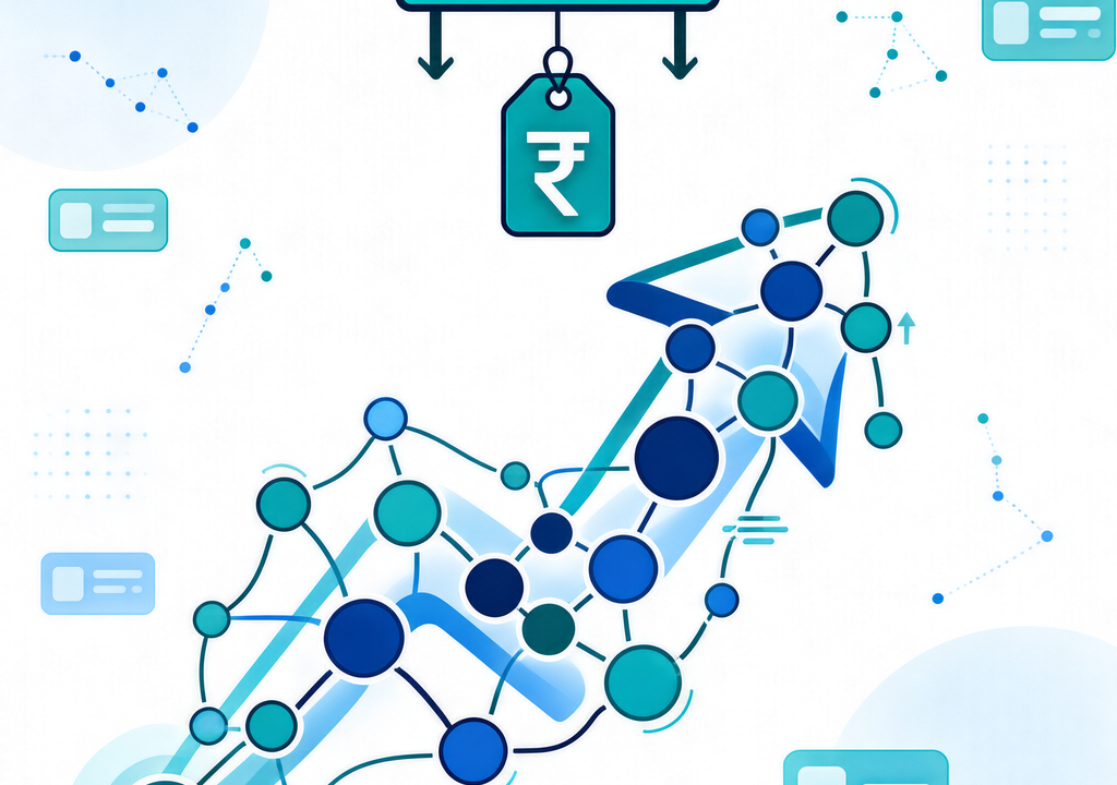 Non-photorealistic editorial illustration showing an abstract digital payment network forming the UPI logo silhouette with a floating ₹300 price tag, in soft blue and teal on white — representing NPCI's new MDR cap on UPI transactions above ₹75,000.