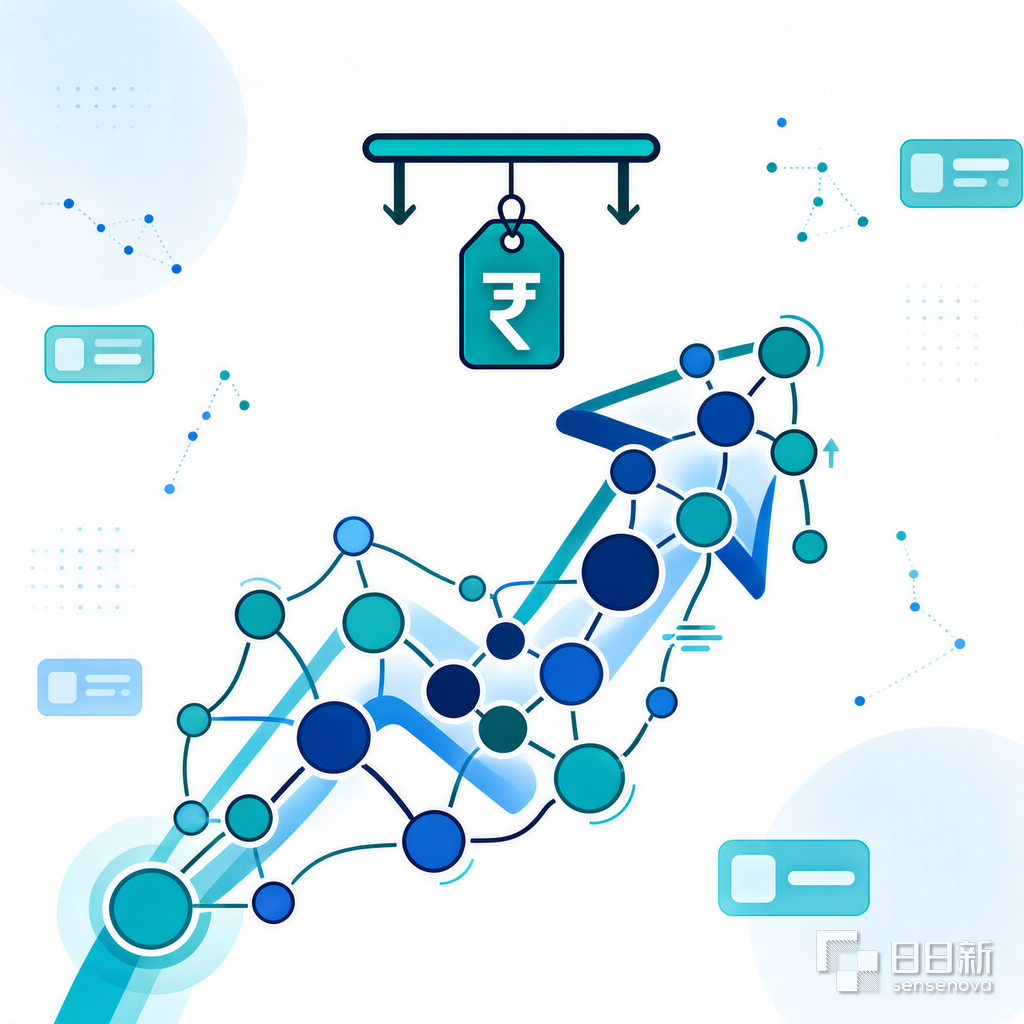 Non-photorealistic editorial illustration showing an abstract digital payment network forming the UPI logo silhouette with a floating ₹300 price tag, in soft blue and teal on white — representing NPCI's new MDR cap on UPI transactions above ₹75,000.