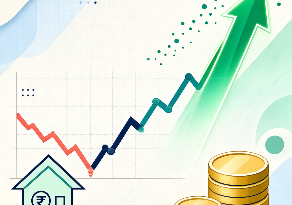 Editorial illustration showing an upward-trending stock chart with a green upward arrow, representing PL Capital's upgrade of AAVAS Financiers to Buy with 33% upside potential.