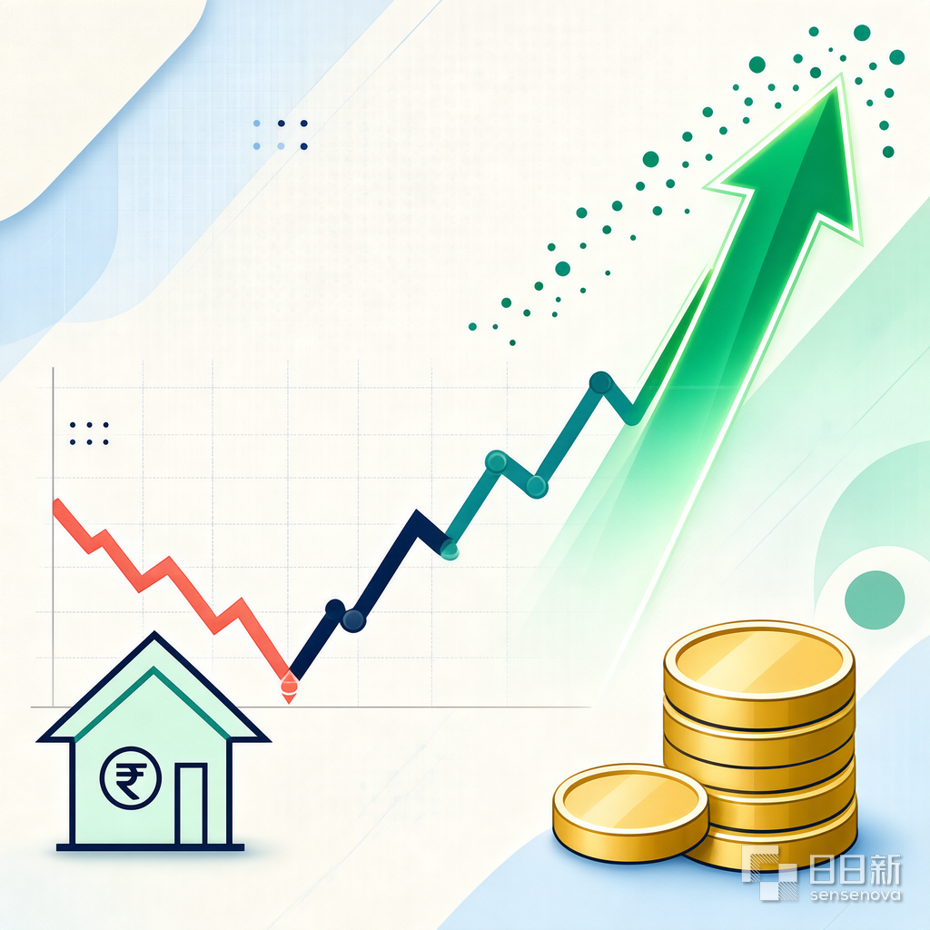 Editorial illustration showing an upward-trending stock chart with a green upward arrow, representing PL Capital's upgrade of AAVAS Financiers to Buy with 33% upside potential.