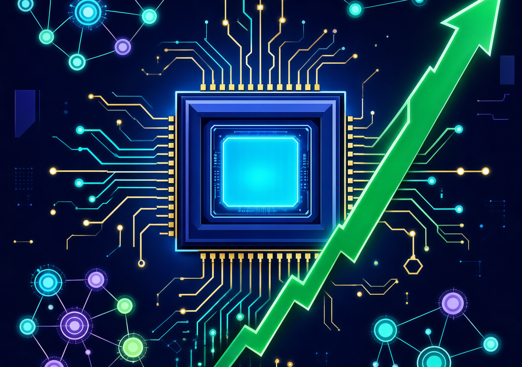 Editorial illustration of a semiconductor chip merging with an upward stock chart, representing AMD's growth fueled by AI infrastructure demand