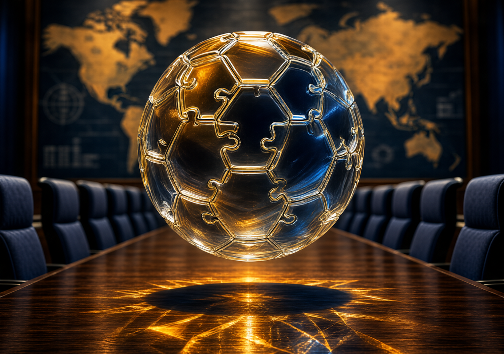 Soccer ball composed of glass puzzle pieces floating above a council chamber table, with blurred world maps in the background