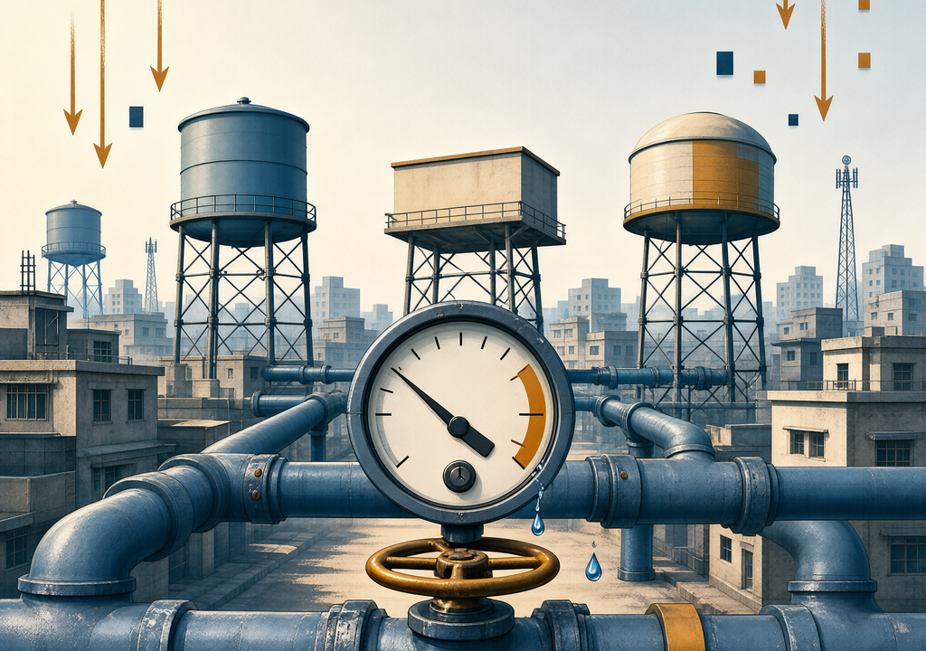 Editorial illustration of Indian urban water distribution infrastructure with pipes and water tanks, conveying market pressure and uncertainty for water sector stocks