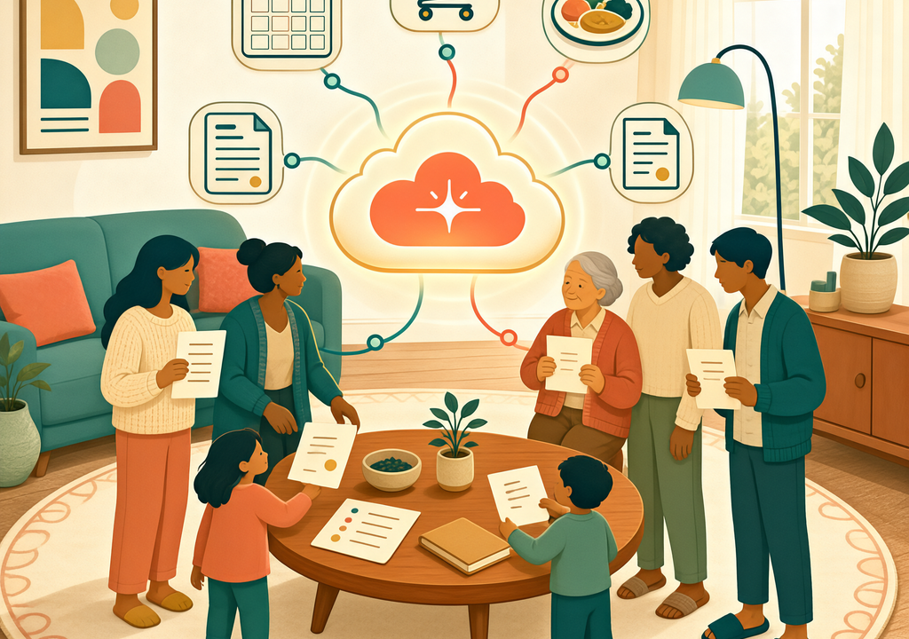 Editorial illustration of a family sharing daily logistics through a household AI assistant