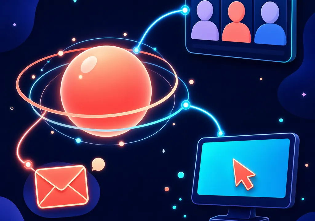 Editorial illustration of a glowing AI agent orb connected by light threads to video call, email, and desktop control icons in flat vector style.