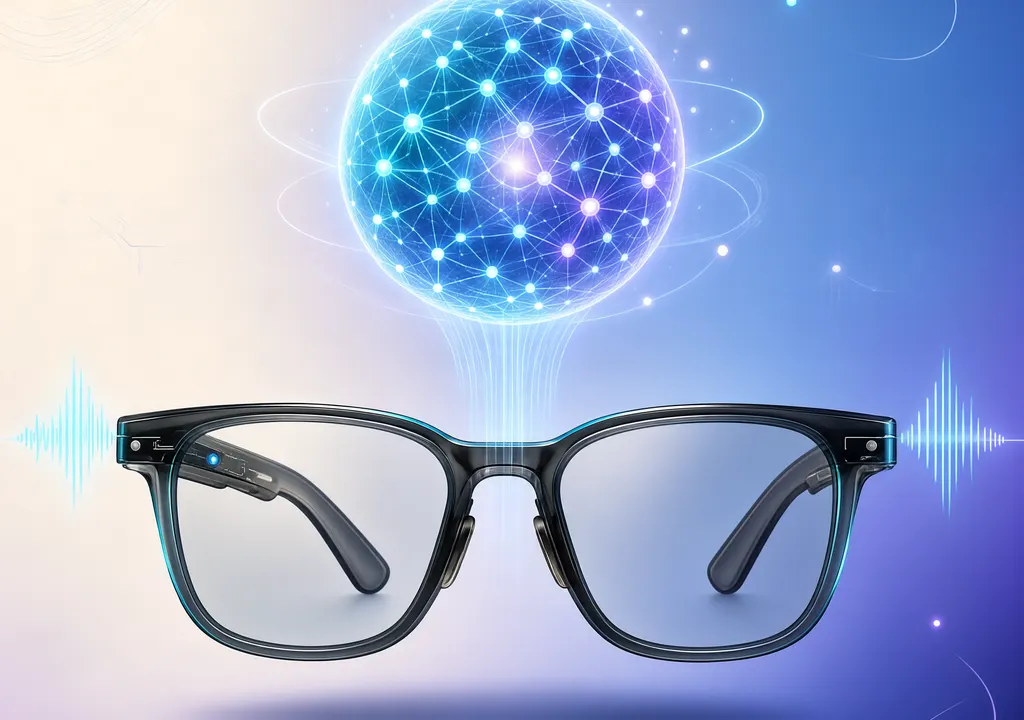 Editorial illustration of modern smart glasses with a glowing AI neural network orb hovering above, representing Meta's Muse agent living inside everyday eyewear. Clean tech illustration style with subtle sound waves and data nodes. No text, no logos, no human faces.