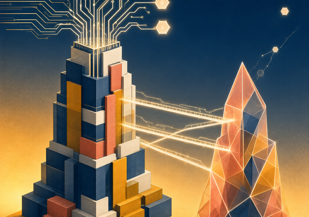 Stylized editorial illustration of two abstract towers connected by luminous bridges, symbolizing a media company's AI pivot.