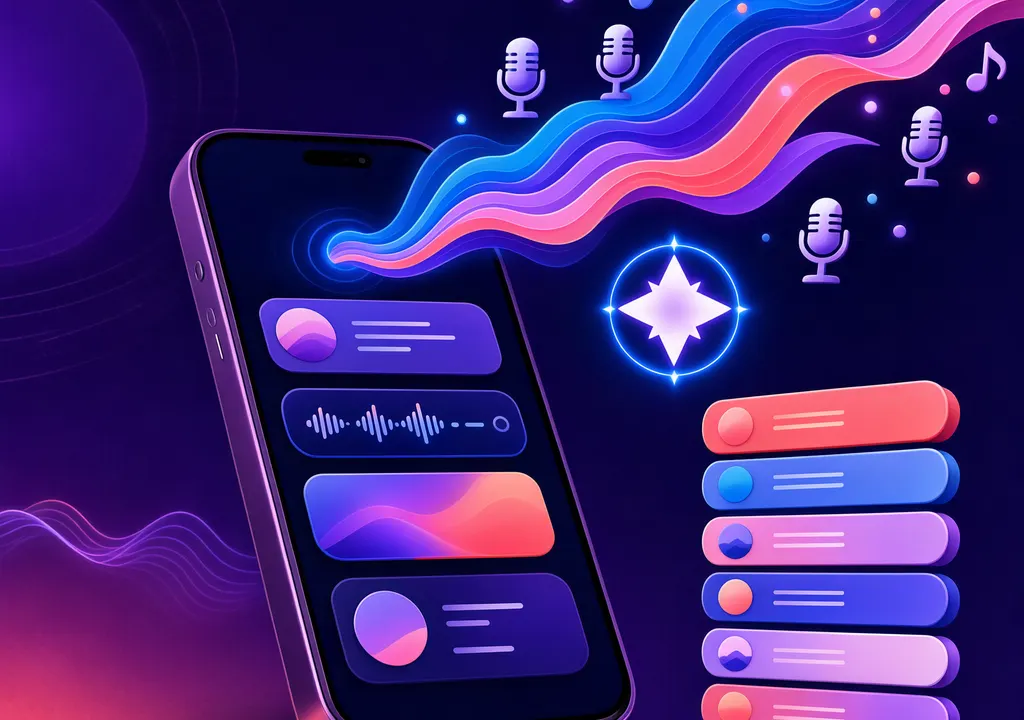 Abstract illustration of a smartphone with flowing music and podcast sound waves guided by a glowing conversational sparkle.