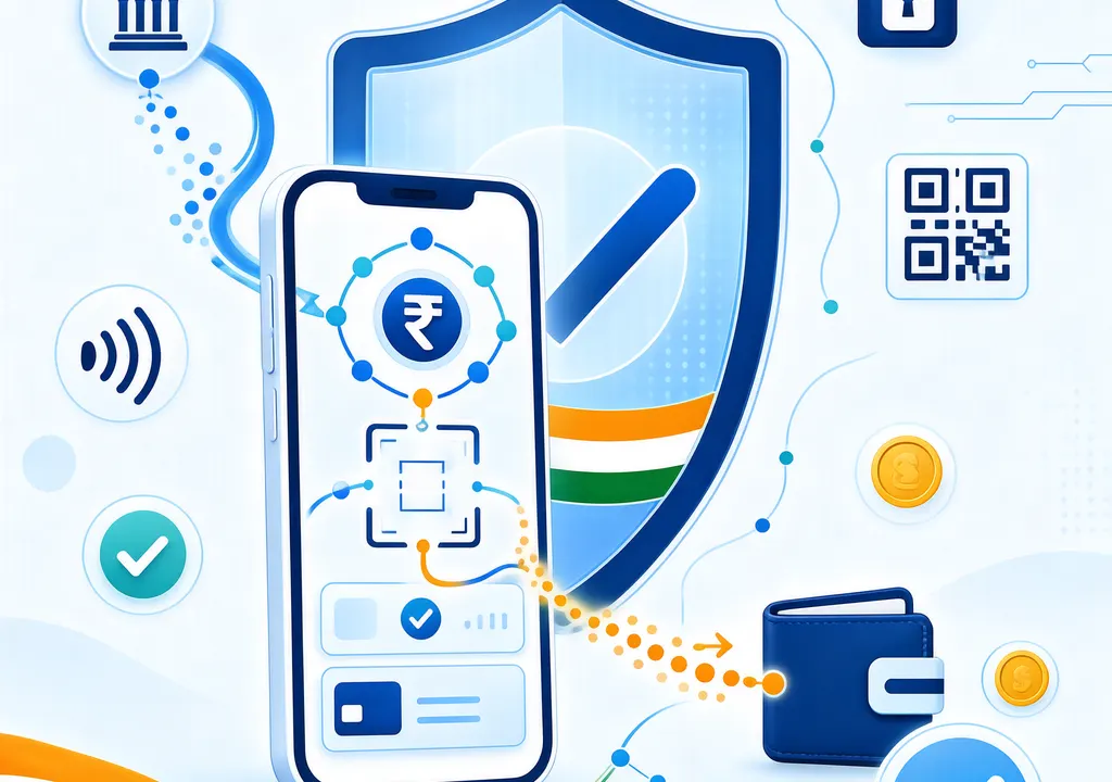 Editorial illustration of UPI payment system with government subsidy shield in Indian flag colors