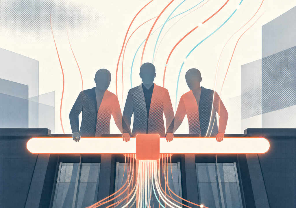 Editorial illustration: three stylized figures behind a glowing brake-gate restraining a rising stream of luminous model-capability curves.
