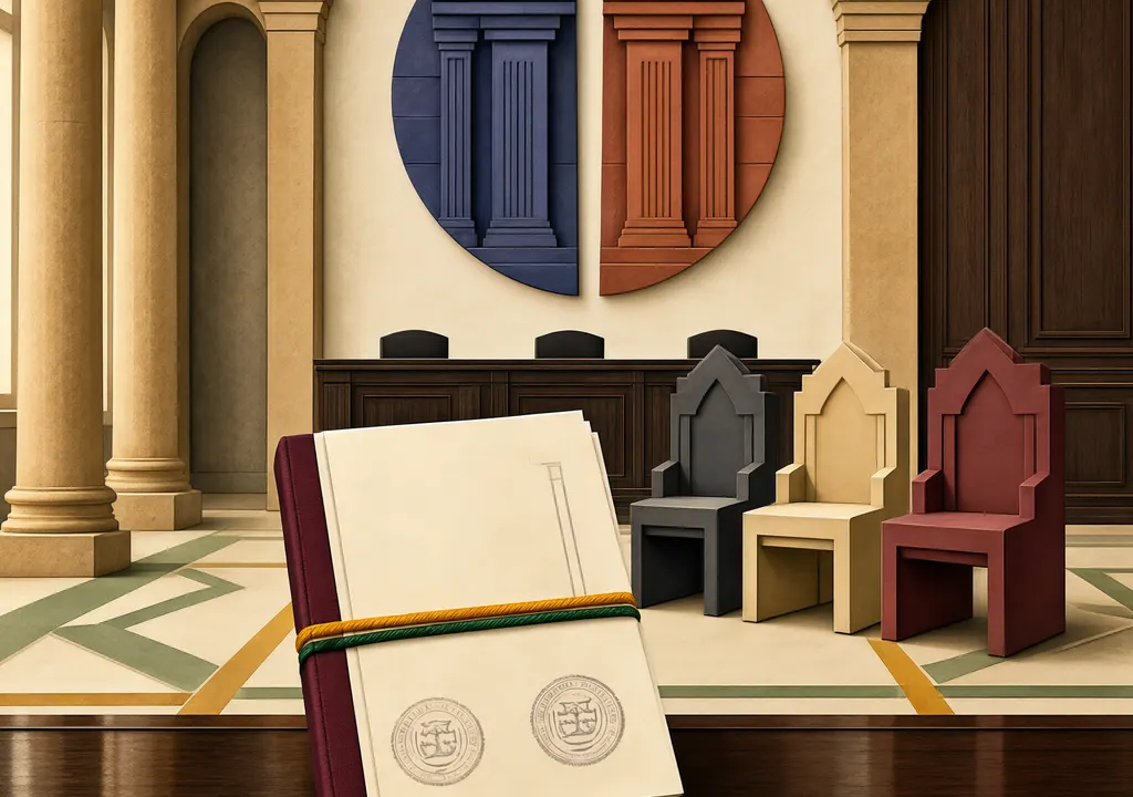 Editorial illustration of a court petition beside symbolic election-appointment seats.
