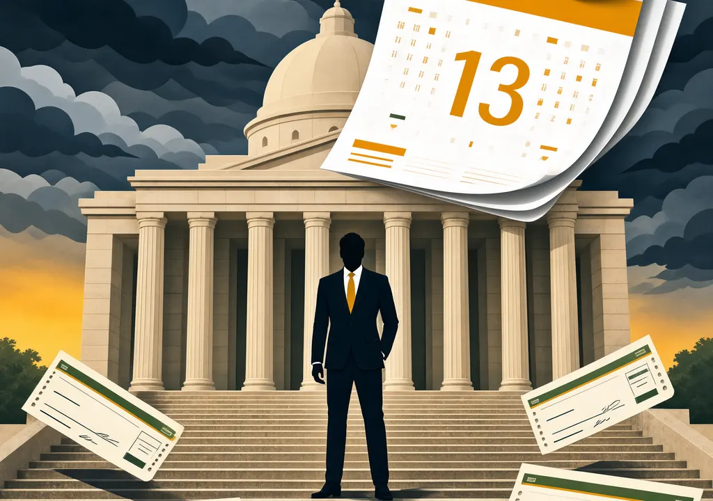 Flat editorial illustration of an actor at Supreme Court steps with bouncing cheques and a calendar showing October 13.