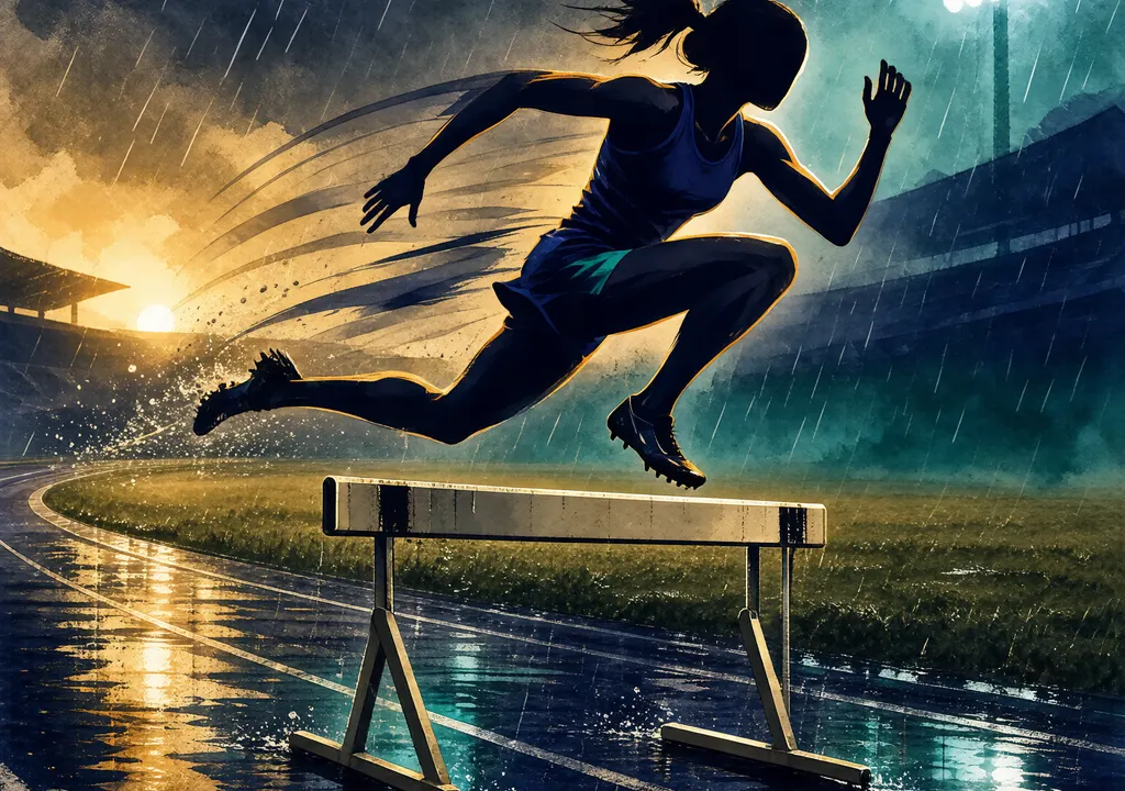 Stylized illustration of a female hurdler clearing a hurdle on a wet evening track