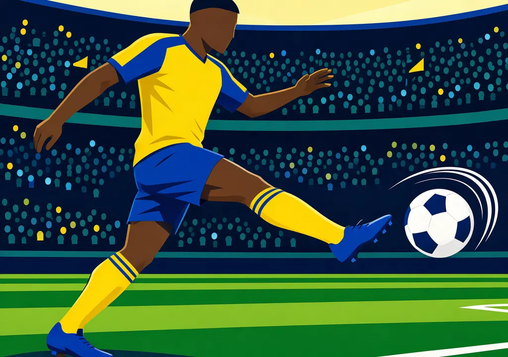 Editorial illustration of a footballer in yellow and blue kit kicking a ball on a green pitch, with a stadium crowd silhouette in the background