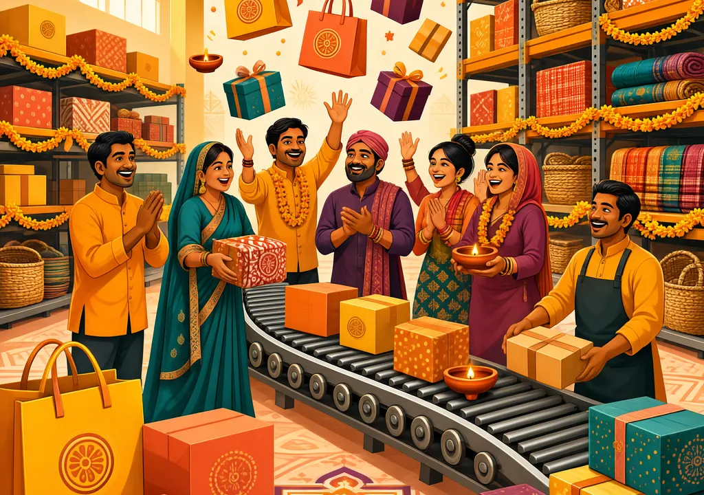 Editorial illustration of a festive e-commerce warehouse with colourful parcels, shopping bags, and small business owners celebrating the Big Billion Days sale