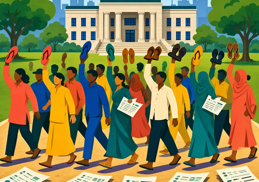 Editorial illustration of a protest with raised slippers and voter documents