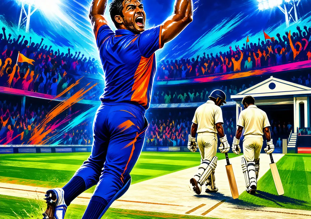 Editorial illustration of a cricket fast bowler celebrating a wicket under stadium floodlights, with batsmen walking off the field