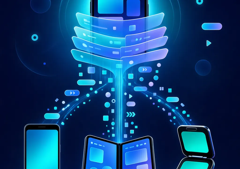Editorial illustration of a software update flowing to three Galaxy phone silhouettes