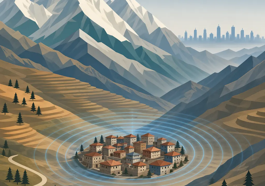 Editorial illustration of seismic waves radiating from a Himalayan town toward a distant city skyline