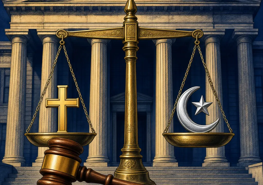 Editorial illustration of a balanced scale of justice with religious symbols on both sides, set against a courthouse backdrop.