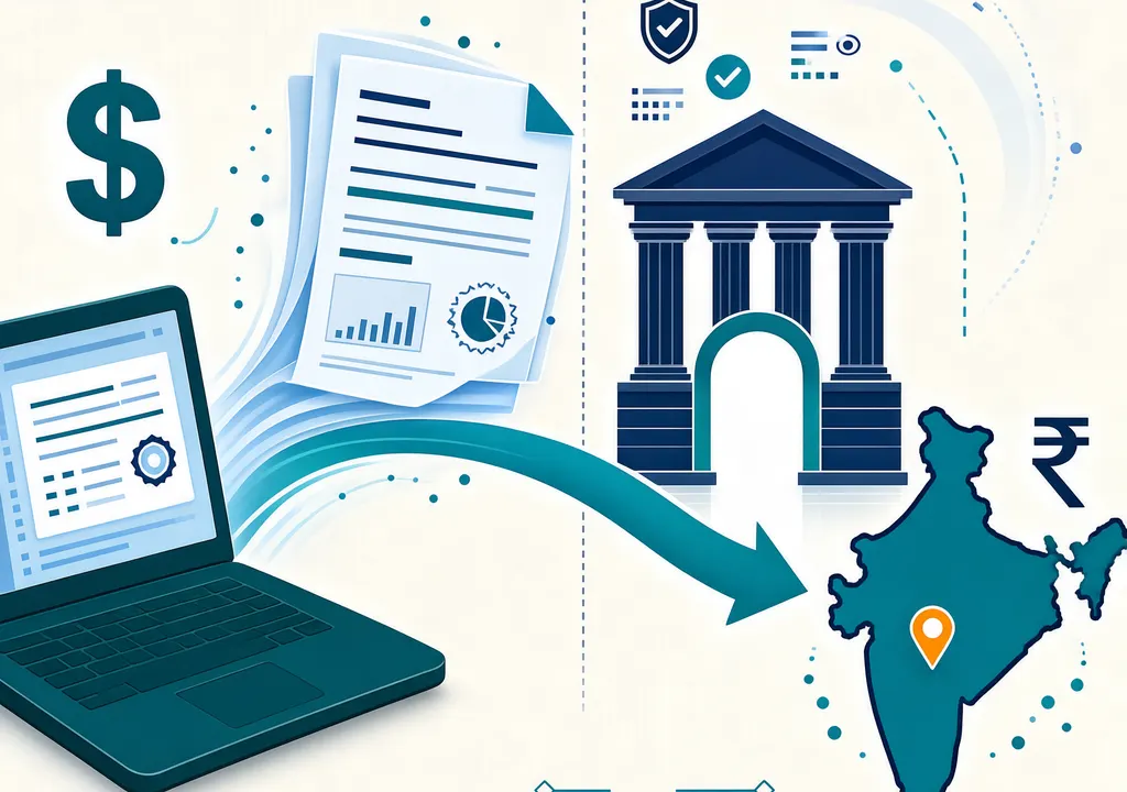 Stylized illustration of an Export Declaration Form flowing digitally from a freelancer's laptop through a banking gateway into India, showing regulatory compliance for dollar earnings