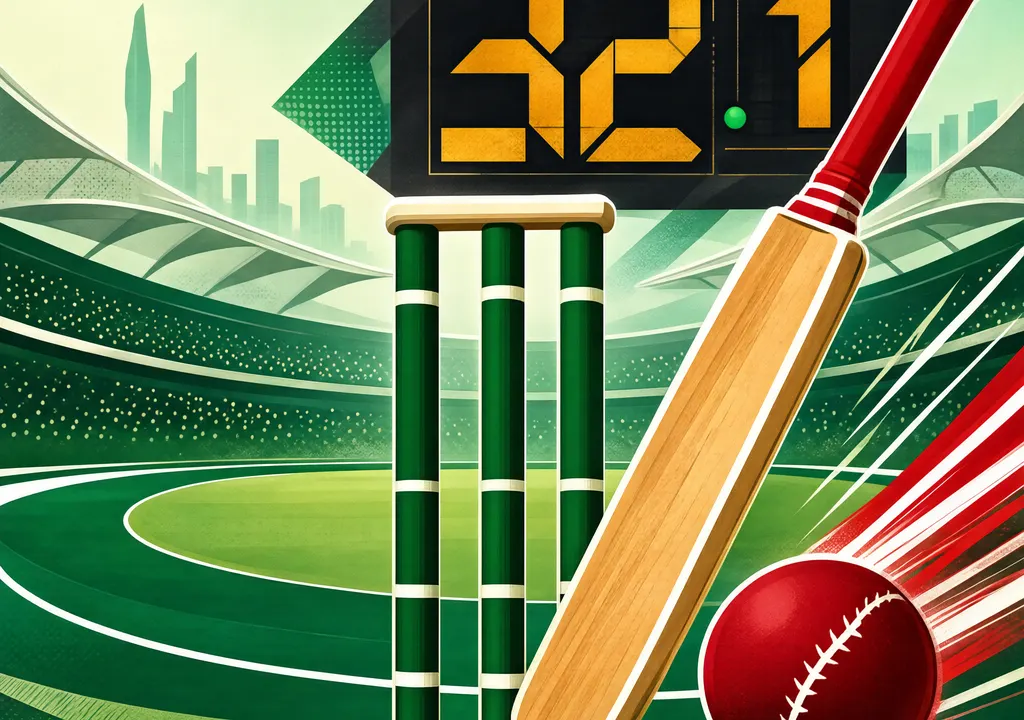 Stylized cricket stumps and bats in Saudi green and Singapore red, representing the T20 World Cup Qualifier match at Bangi, Malaysia