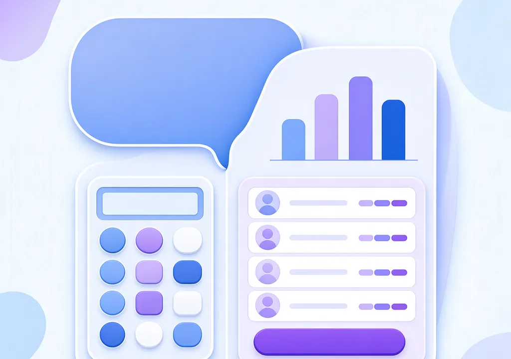 ChatGPT response transforming into interactive UI cards with calculator, chart, and bill splitter tools