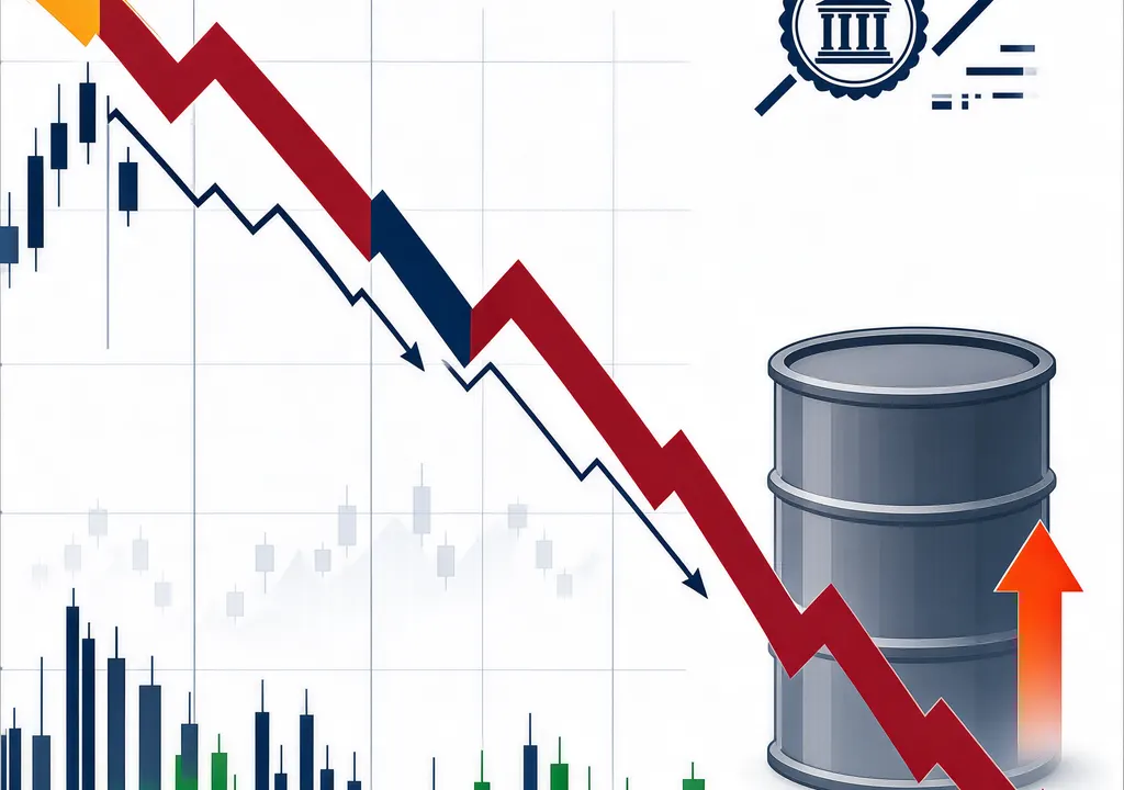 Abstract chart showing sharp market decline with Indian flag colors and oil barrel shape, illustrating Sensex crash from RBI rate hike and Brent crude at $104.09