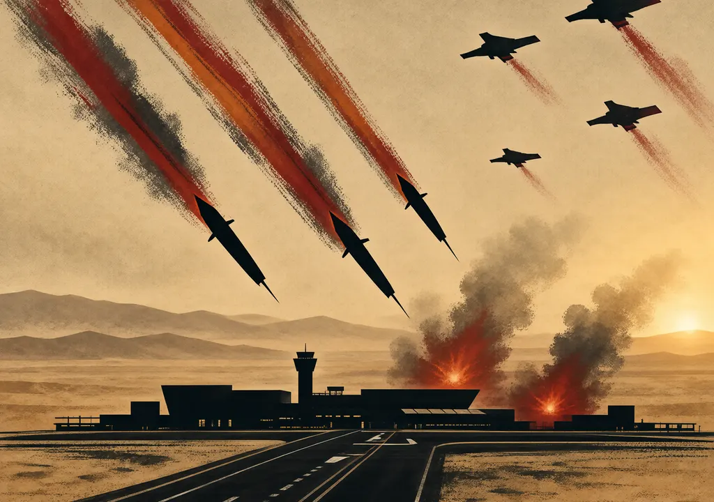 Editorial illustration of Houthi missile and drone strikes on Saudi Arabia airports