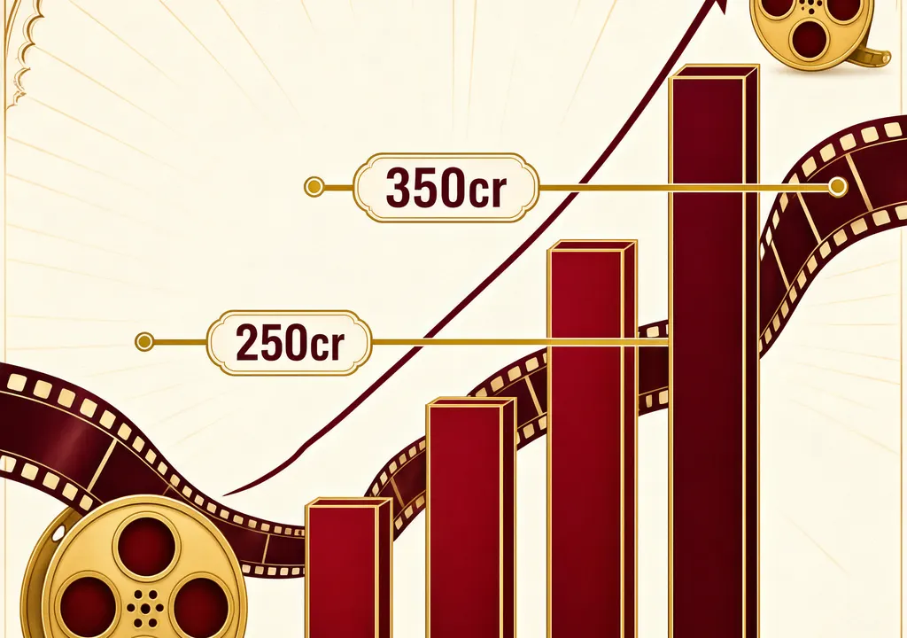 Stylized box office growth chart showing Drishyam 3 crossing Rs 250 crore domestic and approaching Rs 350 crore worldwide milestones