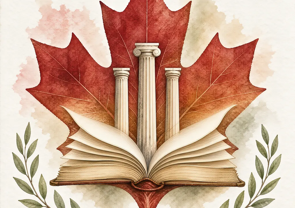 Maple leaf becoming an open book with Greek columns rising from pages, symbolizing Anne Carson blending classical tradition with contemporary poetry