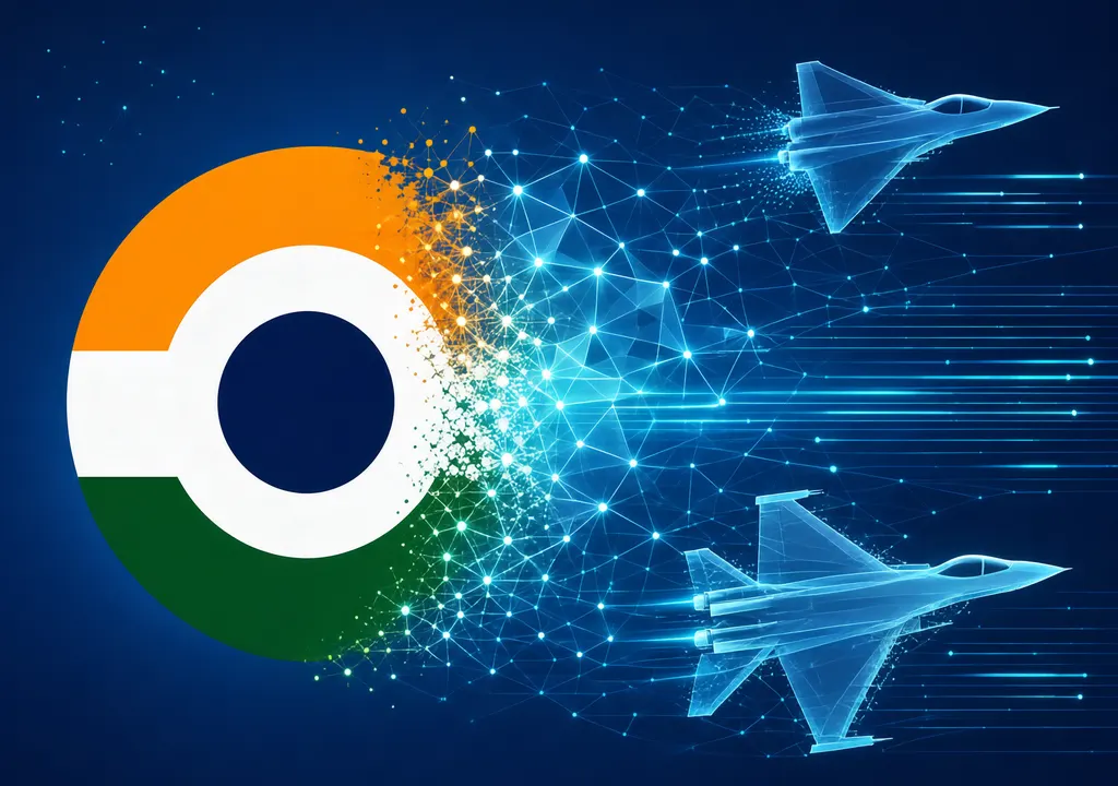 IAF roundel evolving into a digital network with fighter jet silhouettes as data streams, symbolizing network-centric multi-domain capability.