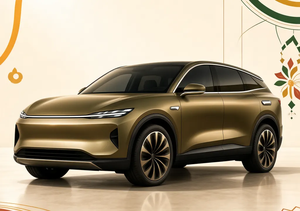 MG Windsor EV Indulge Edition in olive-brown shade showing special badging and premium cabin accents, editorial illustration