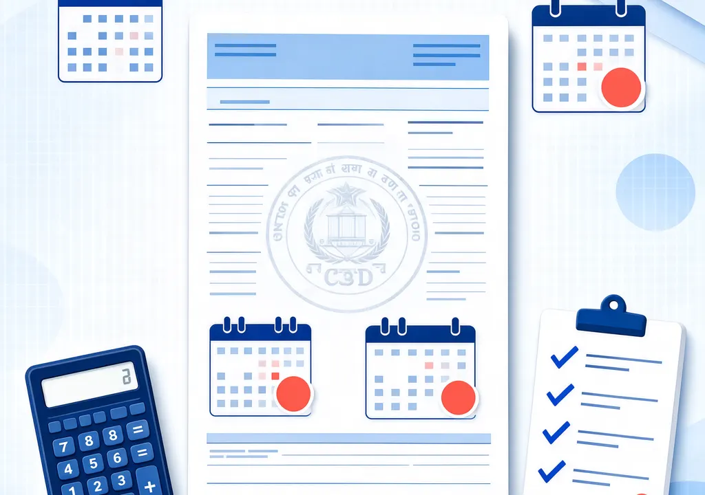 Tax calendar showing extended deadlines: tax audit report Oct 21, ITR filing Nov 21 for AY 2026-27