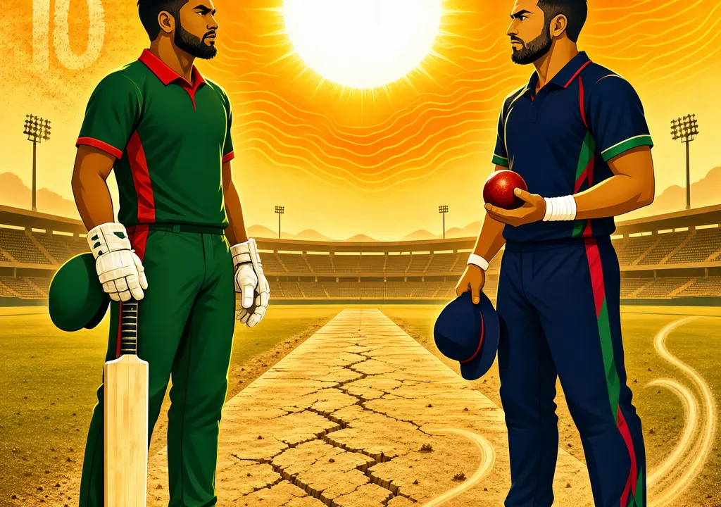 Split illustration of two cricket captains at Abu Dhabi pitch under intense heat, symbolizing Bangladesh vs Afghanistan one-off Test with Shanto's tenth win milestone