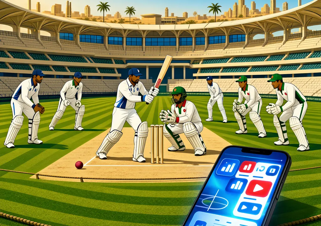 Cricket Test match at Abu Dhabi stadium with smartphone showing FanCode streaming app
