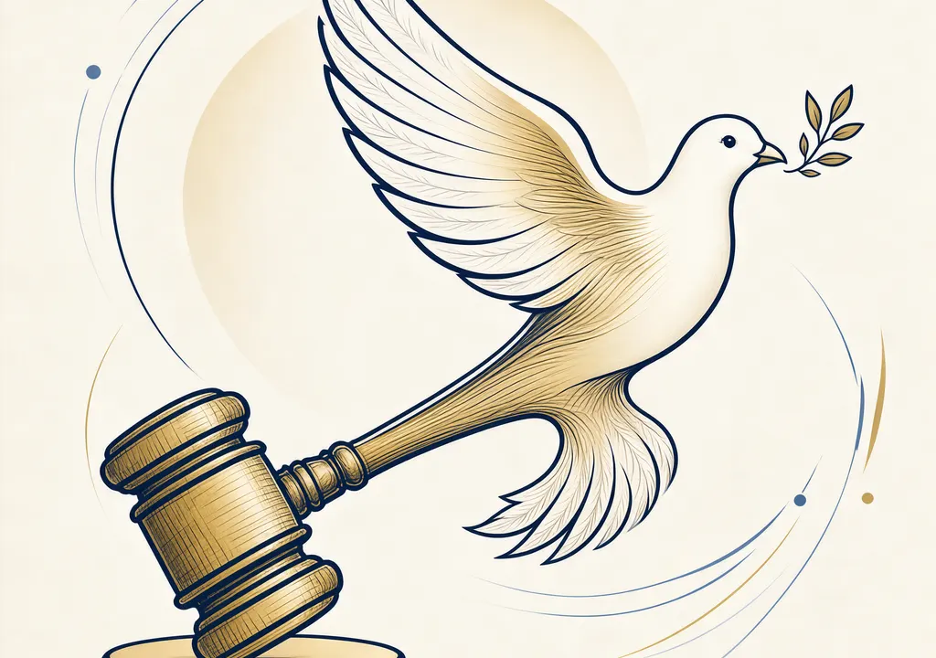 Symbolic gavel-dove fusion representing international law and peace
