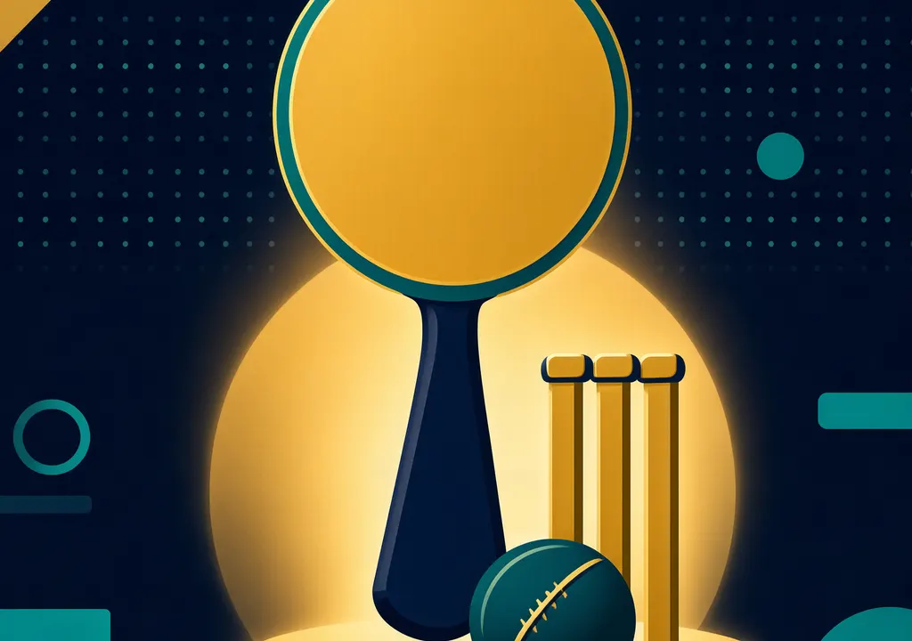 Illustration of an auction paddle beside cricket stumps and a ball